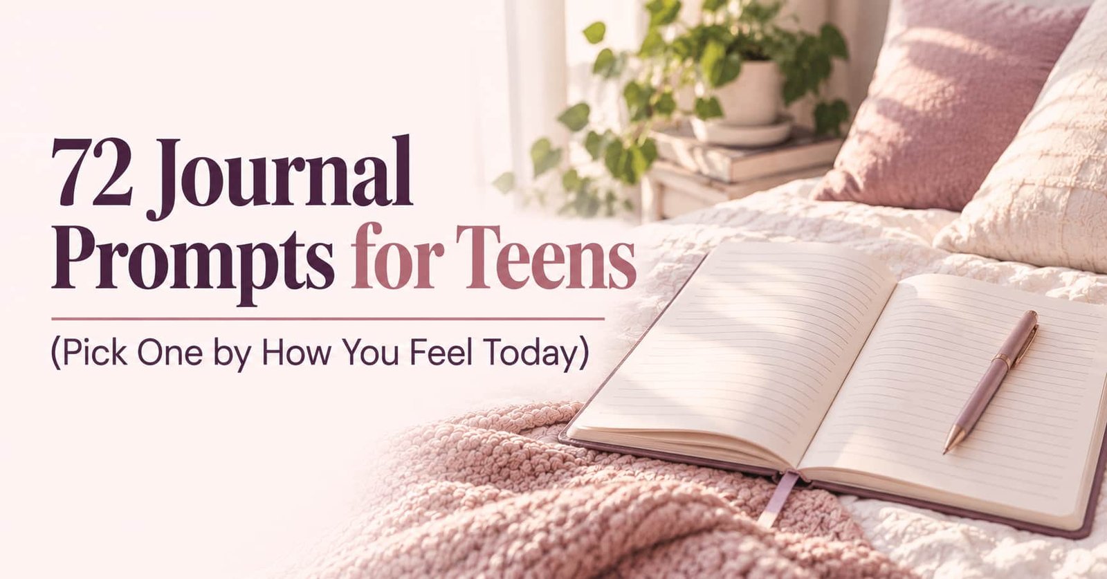Journal prompts for teens: an open journal and a pen on a cozy bed