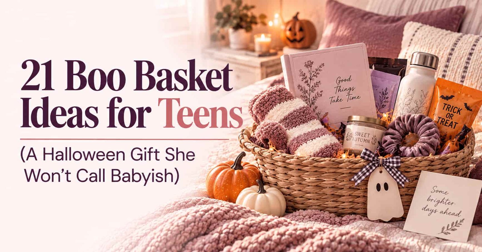 Boo basket ideas for teens: a basket with fuzzy socks, candy, a journal and a handwritten note on a teen girl's bed