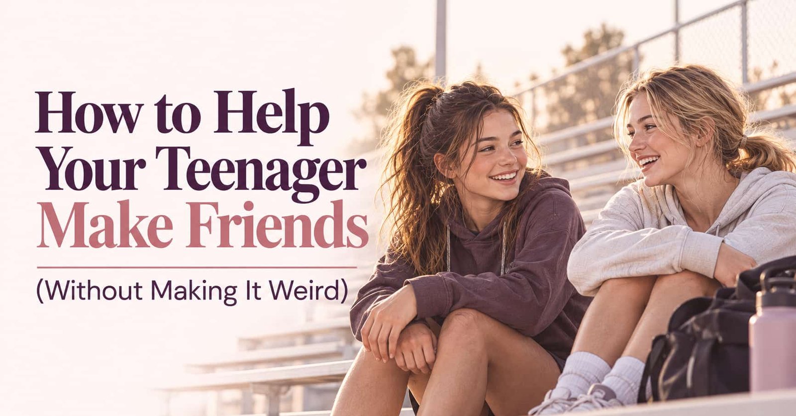 How to help your teenager make friends: two teen girls laughing on the bleachers after practice