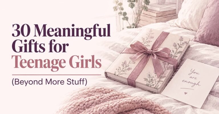 Gifts for teenage girls: a wrapped journal and a handwritten letter on a cozy bed